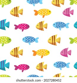 Cute seamless pattern with colorful fish. Sea animals. Vector illustration. 