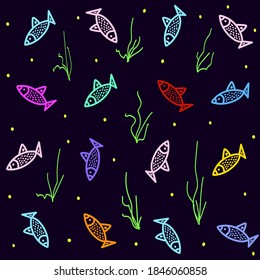 Cute seamless pattern with colorful fish,vector illustration in doodle style,hand drawn template with underwater life for wrapping paper,cover design,packaging,decoration,wallpaper,sealife background