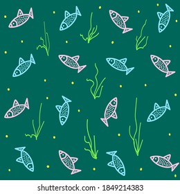 Cute seamless pattern with colorful fish,vector illustration in doodle style,hand drawn template with underwater life for wrapping paper,cover design,packaging,decoration,wallpaper,sealife background