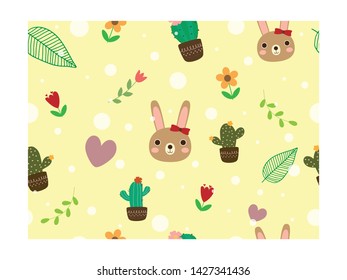 Cute seamless pattern with colorful flowers, leaf, cactus and brown rabbit on pastel yellow background decorated with white snow dot. Sweet and beautiful minimal style seamless pattern for wallpaper.