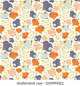 Cute seamless pattern in colorful flowers, leaves, butterflies on white background. Ditsy floral hand drawn texture for fashion prints, fabric, gift wrap, wall art design. Vector illustration.