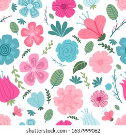 Cute seamless pattern with colorful flowers, spring blossom. Floral background, isolated vector illustration, for fashionable textile pattern