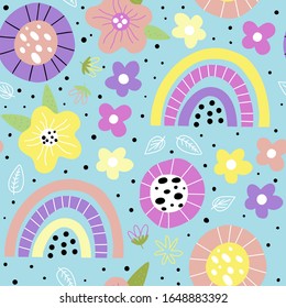 Típico patrón sin fisuras con flores coloridas y arcos. Excelente para tela, papel pintado. Patrón infantil en un vector.