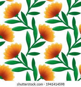 Cute seamless pattern with colorful flowers. White background. Flat style illustration.