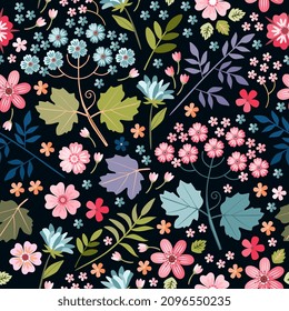 Patrón impecable con flores coloridas y hojas sobre fondo negro. Diseño de moda de verano.