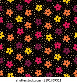 Cute seamless pattern with colorful flowers and dots with black background.