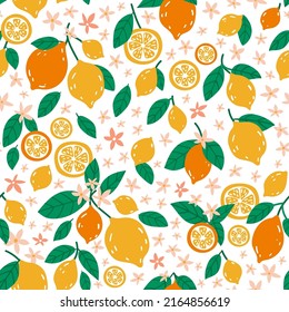 Patrón perfecto con limones frescos coloridos, flores y hojas. Vector de fondo dibujado en forma de doodle para papel textil, de vestir, de envolver