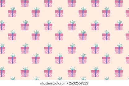 Cute seamless pattern of colorful gift boxes with bows. Perfect for wrapping paper, party decor, textiles, web backgrounds, and digital scrapbooking
