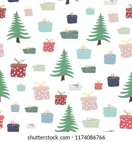 Cute seamless pattern with colorful gifts boxes and fir trees in scandinavian style. Simple doodle pines and presents on white. Hand drawing vector background for your design.