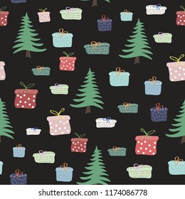 Cute seamless pattern with colorful gifts boxes and fir trees in scandinavian style. Simple doodle pines and presents on black. Hand drawing vector background for your design.