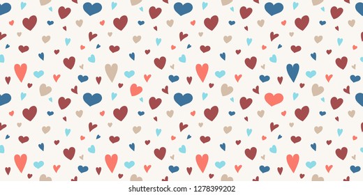 Cute seamless pattern with colorful hand drawn hearts. Valentine's Day, Mother's Day and Women's Day. Vector