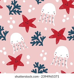 Cute seamless pattern colorful hand drawn pattern with starfish and jellyfish. 