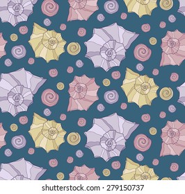Cute seamless pattern with colorful hand drawn shells. Ocean background. Vector
