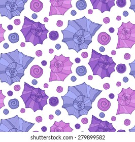 Cute seamless pattern with colorful hand drawn shells. Ocean background. Vector