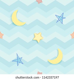 Cute seamless pattern with colorful hand-drawn stars and crescent moon.  Blue pattern with wavy stripes and zigzag chevron. Children's bedroom, baby nursery decorative wallpaper. Vector Illustration