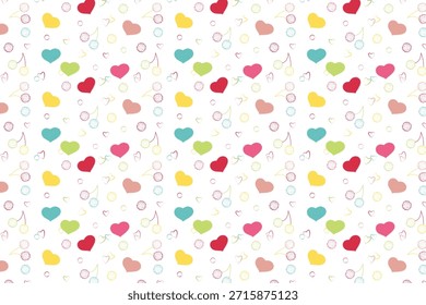 Lindo patrón sin fisuras con coloridos corazones dibujados a mano y Formas de cereza minimalistas sobre un fondo blanco. Perfecto para diseños románticos, envoltura de regalos y textiles.