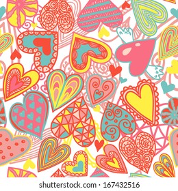 Cute seamless pattern with colorful hearts, vector illustration