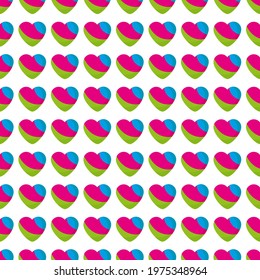 Cute seamless pattern with colorful hearts. White background. Flat style illustration.