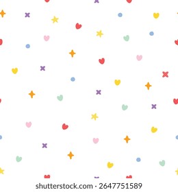 Lindo patrón sin fisuras con coloridos corazones de estrellas y garabatos sobre fondo blanco. Ilustración Vector 10 eps.