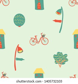 Cute seamless pattern with colorful houses, street lamps and bicycle. City life. Prints for fabric, wallpaper, wrapping paper. - Vector