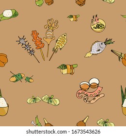 cute seamless pattern with colorful  icons of edible traditional Laos food on light-brown background