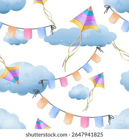 Cute seamless pattern with colorful kites  and garlands with flags
on clouds background.Vector watercolor illustration for baby shower design.
