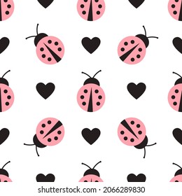 Patrón impecable con ladybugs coloridos de estilo escandinavo plano.  El fondo vectorial de veraneo en colores tierra de tendencia. Ilustración de vectores para una marca de niños, diseño de tela
