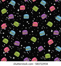 cute seamless pattern with colorful macaroons flying in open space.black background.vector