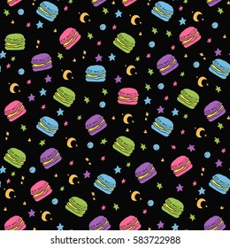 cute seamless pattern with colorful macaroons flying in open space.black background.vector