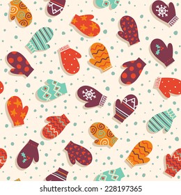 Cute seamless pattern with colorful mittens and snow