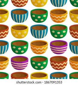Patrón perfecto con tazas coloridas con bebidas calientes. Fondo blanco. Ilustración de estilo plano.
