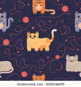 Cute seamless pattern with colorful munchkin cats and clews of thread. Vector illustration