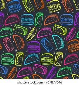 Cute seamless pattern with colorful outline fast food symbols on black background. Cartoon linear fastfood as hamburger, tacos, burrito, hot dog texture for textile, wrapping paper, package