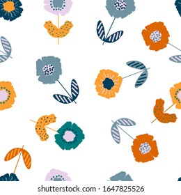 Cute seamless pattern with colorful painted flowers, vector