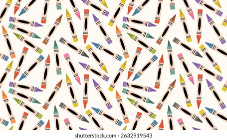 Padrão perfeito bonito com lápis pastel colorido em ordem bagunçada. Material de arte em estilo de desenho animado plano, ideal para fundos, impressões têxteis ou desenhos educativos.