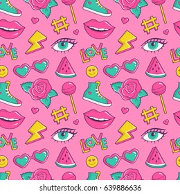 Cute seamless pattern with colorful patch badges. Fashion background in pink, blue-green, white and yellow colors. Vector trendy illustration in 80s-90s comic style.