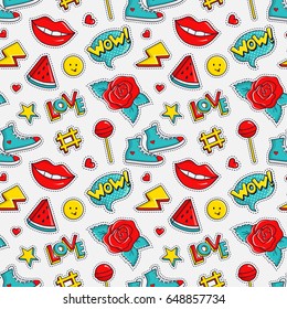 Cute seamless pattern with colorful patch badges. Fashion background in white, black, red, blue and yellow colors. Vector trendy illustration in 80s-90s comic style.