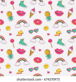 Cute seamless pattern with colorful patch badges. Fashion background in white, pink, blue-green and yellow colors. Vector trendy illustration in 80s-90s comic style.