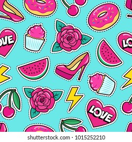Cute seamless pattern with colorful patches. Stickers of rose flower, cherry, heart, watermelon, donut, cupcake etc on mint green background. Fashion cool patches and stickers.