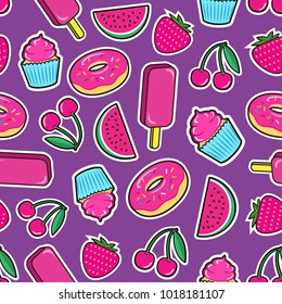 Cute seamless pattern with colorful patches. Stickers of ice cream, cherry, strawberry, watermelon, donut, cupcake etc on violet background. Fashion cool patches and stickers. Vector illustration.