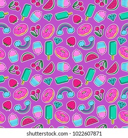 Cute seamless pattern with colorful patches. Stickers of ice cream, cherry, strawberry, rainbow, donut, cupcake, diamond on violet background. Fashion cool patches and stickers. Vector illustration
