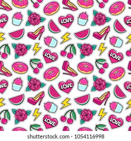 Cute seamless pattern with colorful patches. Stickers of rose flower, cherry, heart, watermelon, donut, cupcake etc on white background. Fashion cool patches and stickers. Vector illustration