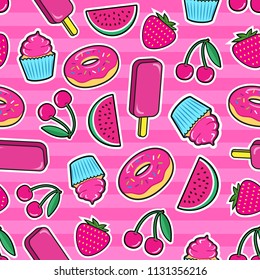 Cute seamless pattern with colorful patches. Stickers of ice cream, cherry, strawberry, watermelon, donut, cupcake etc on pink background. Fashion cool patches and stickers. Vector illustration.