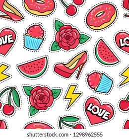 Cute seamless pattern with colorful patches. Stickers of rose flower, cherry, heart, watermelon, donut, cupcake etc on white background. Fashion cool patches and stickers