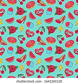Cute seamless pattern with colorful patches. Stickers of rose flower, cherry, heart, watermelon, donut, cupcake etc on green background. Beautiful vector background for Valentine's Day or Women Day.