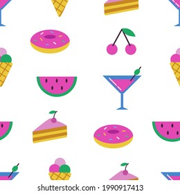 Cute seamless pattern with colorful patches. Stickers of ice cream, cherry, martini, watermelon, donut, cake. Fashion cool patches and stickers. Vector illustration.