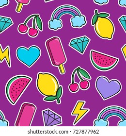 Cute seamless pattern with colorful patches. Stickers of ice cream, cherry, watermelon, rainbow lemon diamonds etc on violet background. Fashion patches and stickers. Vector illustration.