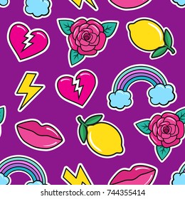 Cute seamless pattern with colorful patches. Stickers of rose, lemon, lips, rainbow, broken heart, lightning etc on violet background. Fashion patches and stickers. Vector illustration