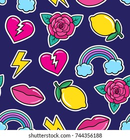 Cute seamless pattern with colorful patches. Stickers of rose, lemon, lips, rainbow, broken heart, lightning etc on blue background. Fashion patches and stickers. Vector illustration.