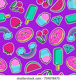 Cute seamless pattern with colorful patches. Stickers of ice cream, cherry, strawberry, rainbow, donut, cupcake, diamond etc on violet background. Fashion patches and stickers. Vector illustration.